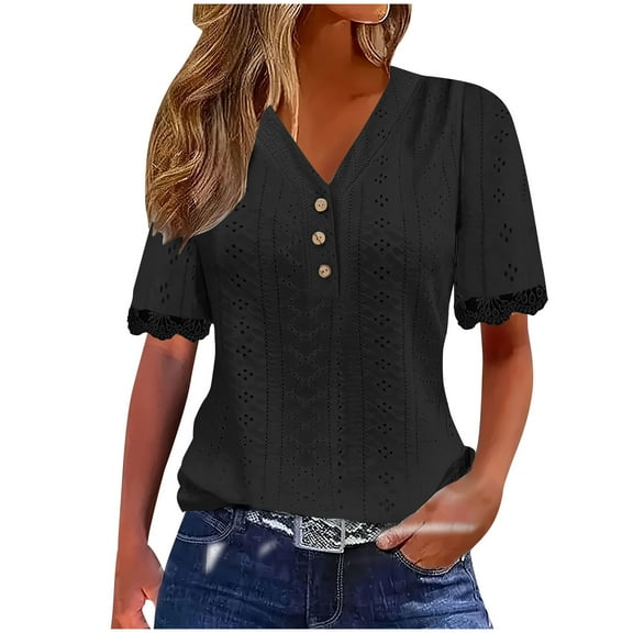 Mittory Womens Shirts Loose V Neck Short Sleeve Lace Eyelet Button Tops Dressy Casual Summer T Shirts Blouses