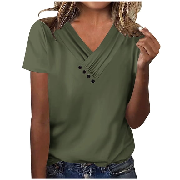 Mittory Womens Short Sleeve Blouses Dressy Casual Loose Fit T Shirts Button Decor Summer Solid Color Tunic Tops
