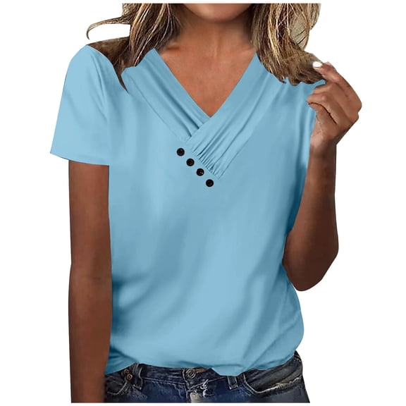 Mittory Womens Short Sleeve Blouses Dressy Casual Loose Fit T Shirts Button Decor Summer Solid Color Tunic Tops