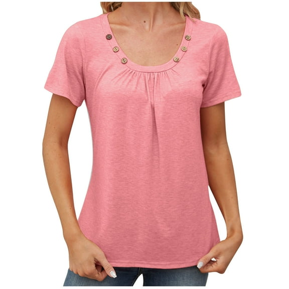 Mittory Womens Short Sleeve Blouses Dressy Casual Loose Fit T Shirts Solid Color Button Decor Summer Tunic Tops