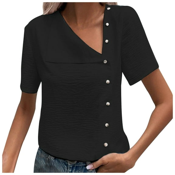 Mittory Womens Short Sleeve Button Down Shirts Solid Color Vintage Linen Blouse Asymmetrical Neck Shirt Top