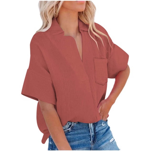 Mittory Womens Short Sleeve Button Down Shirts Summer Casual Collared V Neck Blouse Linen Loose Fit Work Tops