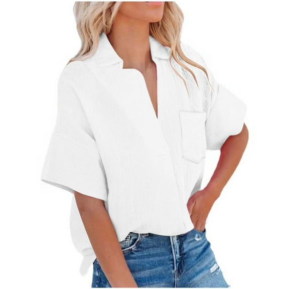 Mittory Womens Short Sleeve Button Down Shirts Summer Casual Collared V Neck Blouse Linen Loose Fit Work Tops