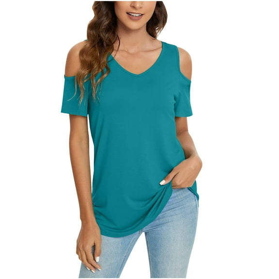 Mittory Womens Short Sleeve Cold Shoulder V Neck Blouse Basic Tee Tops Shirts