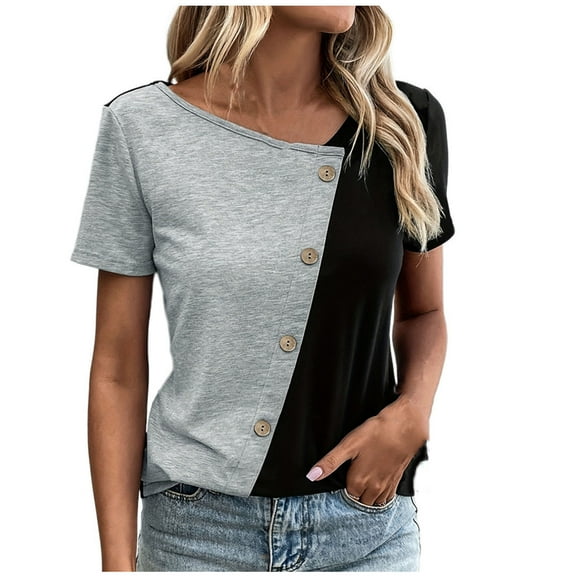 Mittory Womens Short Sleeve Color Block Tops Casual V Neck Button Down Shirts Loose Fitted Tees Fashion