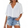 thumbnail image 1 of Mittory Womens Short Sleeve Cotton Button Down Up Shirt Collared V Neck Tops Shirts Blouses, 1 of 7