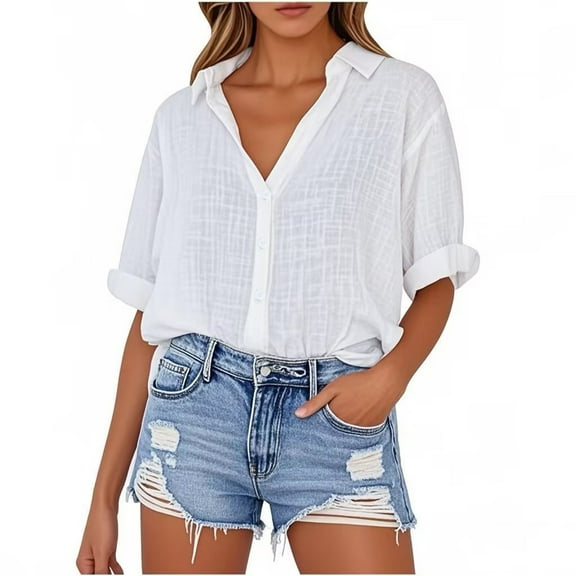 Mittory Womens Short Sleeve Cotton Button Down Up Shirt Collared V Neck Tops Shirts Blouses