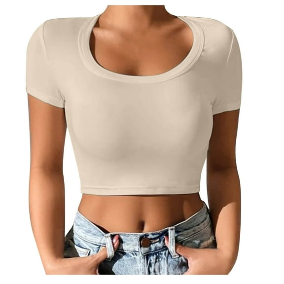 Mittory Womens Short Sleeve Crop Top Crew Neck Slim Fitted Casual Base Layer Soft Workout Shirt Going Out Tops