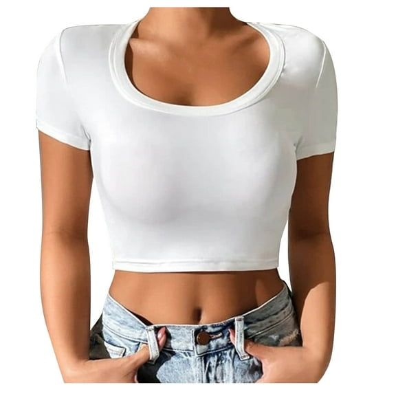 Mittory Womens Short Sleeve Crop Top Crew Neck Slim Fitted Casual Base Layer Soft Workout Shirt Going Out Tops