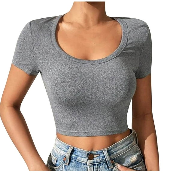 Mittory Womens Short Sleeve Crop Top Crew Neck Slim Fitted Casual Base Layer Soft Workout Shirt Going Out Tops