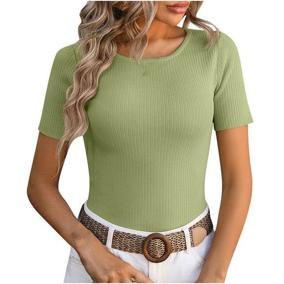Mittory Womens Short Sleeve Shirts Crewneck Ribbed Knit Slim Fitted T-Shirt Summer Basic Tee Tops