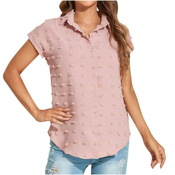 Mittory Womens Short Sleeve Shirts V Neck Collared Button Down Shirt Tops with Pockets