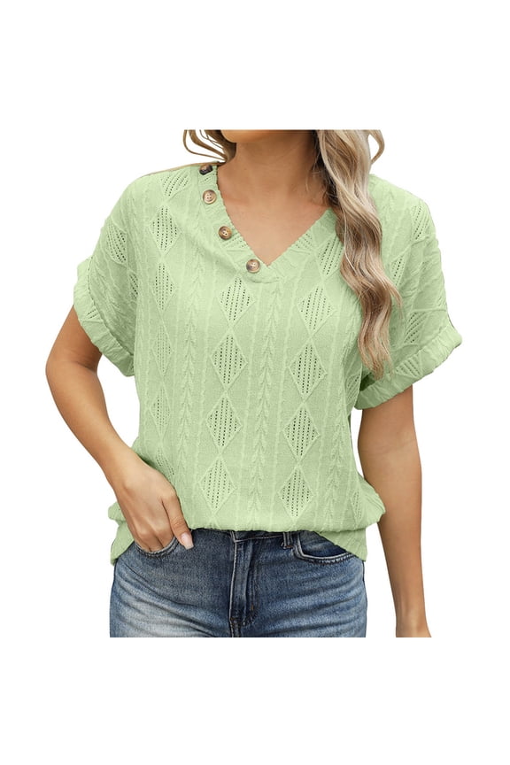 Womens Short Sleeve Summer Tops Casual Crochet V Neck Button Up Hollow Out Knit Sweater T Shirts