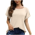 thumbnail image 1 of Mittory Womens Short Sleeve Tops Round Neck Ruffle Casual Summer Textured Work T Shirts Tee Blouse, 1 of 6