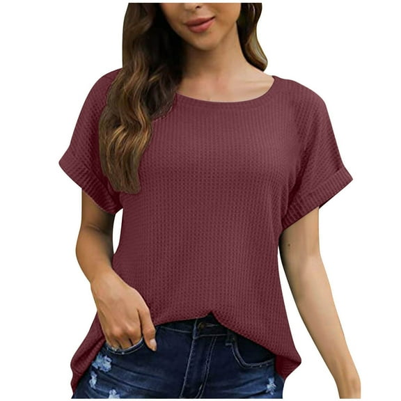 Mittory Womens Short Sleeve Tops Round Neck Ruffle Casual Summer Textured Work T Shirts Tee Blouse