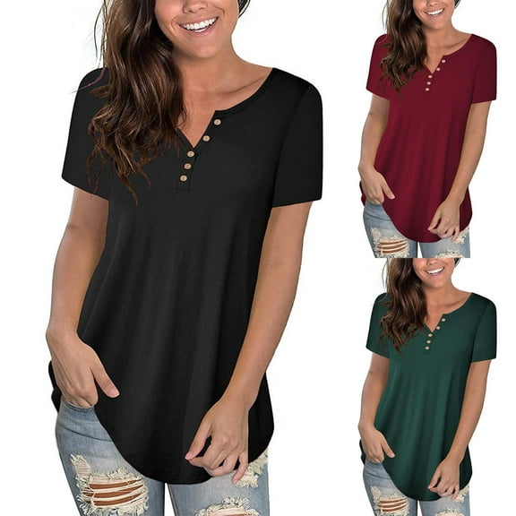 Mittory Womens Short Sleeve Tunic Tops Henley Shirt V Neck Button Up Blouse Casual Pleated Basic