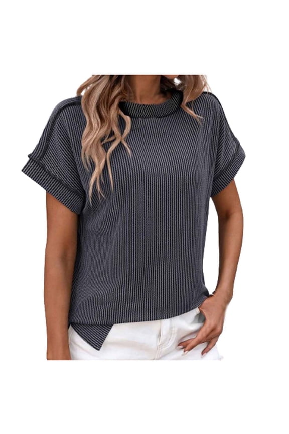 Womens Short Sleeve Tunic Tops Summer Casual Textured Ribbed Knit T-Shirts Loose Fit Tees