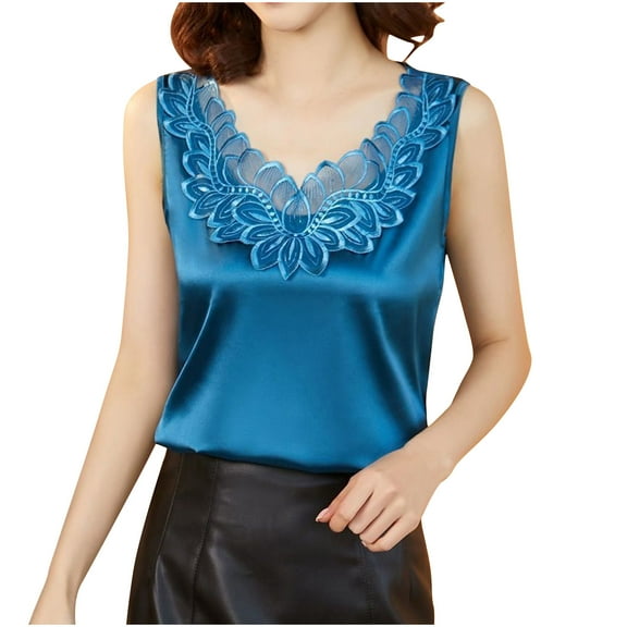 Mittory Womens Silk Satin Tank Tops Floral Applique Lace Casual Sleeveless Top Basic Camisole Tank Cami Blouses