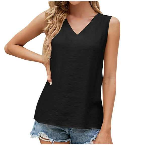 Mittory Womens Solid Cotton Linen Tank Tops Casual Sleeveless Tops Summer V Neck Tshirts Loose Fit Cami Tops
