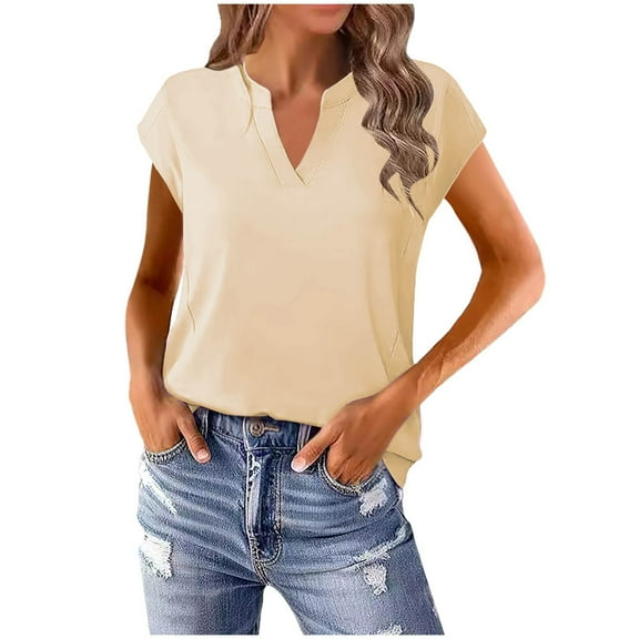 Mittory Womens Split V Neck Cap Sleeve Tops Frill Trim Elegant Work Office Blouse Shirts