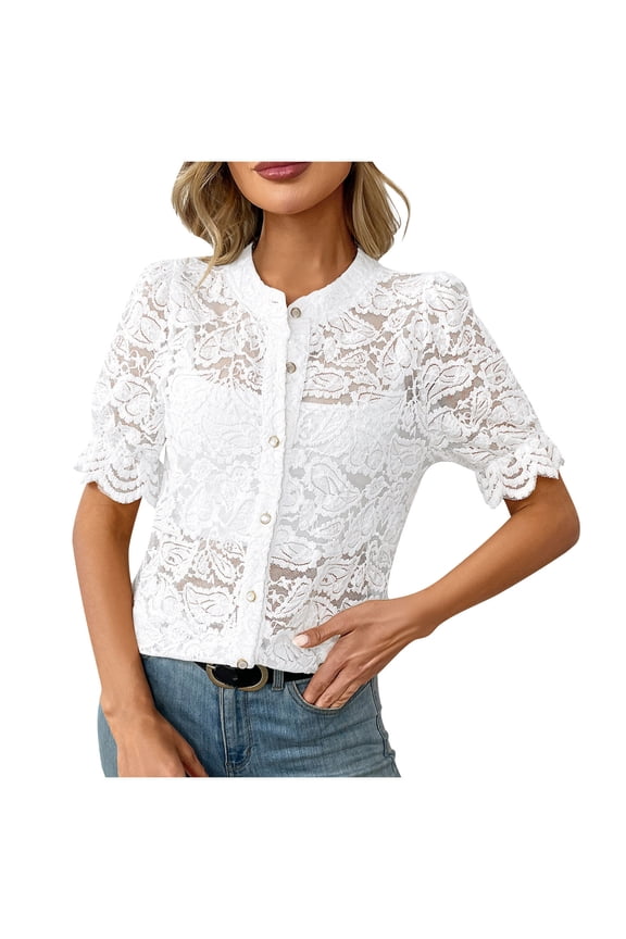 Womens Spring Lace Tops Short Puff Sleeve Casual Dressy Blouses Eyelet Crew Neck Button Down Shirts
