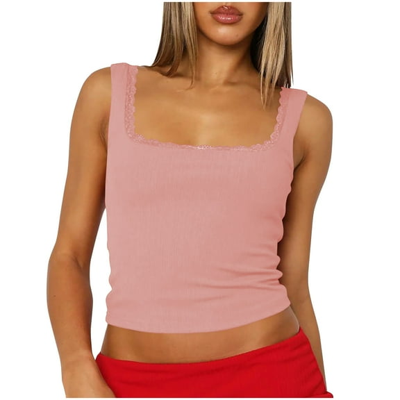 Mittory Womens Square Neck Lace Tank Tops Double Lined Sleeveless Cute Going Out Tops