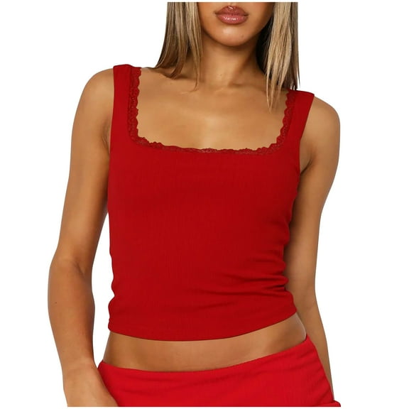 Mittory Womens Square Neck Lace Tank Tops Double Lined Sleeveless Cute Going Out Tops