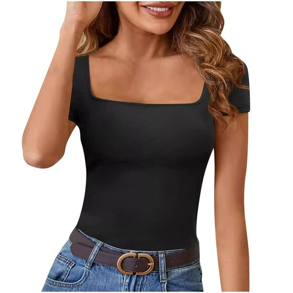 Mittory Womens Square Neck T Shirts Going Out Tops Short Sleeve Tops Summer Basic Tees Trendy