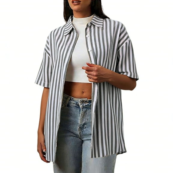 Mittory Womens Striped Linen Shirts for Women Cotton Short Sleeve V Neck Collared Button Down Blouses Tops