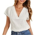 thumbnail image 1 of Mittory Womens Summer Cotton Linen Casual Shirts Short Sleeve V Neck Tops Loose Comfy Blouse Basic Tees Shirt, 1 of 6