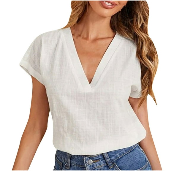 Mittory Womens Summer Cotton Linen Casual Shirts Short Sleeve V Neck Tops Loose Comfy Blouse Basic Tees Shirt
