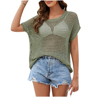 Mittory Womens Summer Crochet Sweater Tops Casual Cap Short Sleeve Hollow Out Mesh Knit Beach Cover Up Shirts