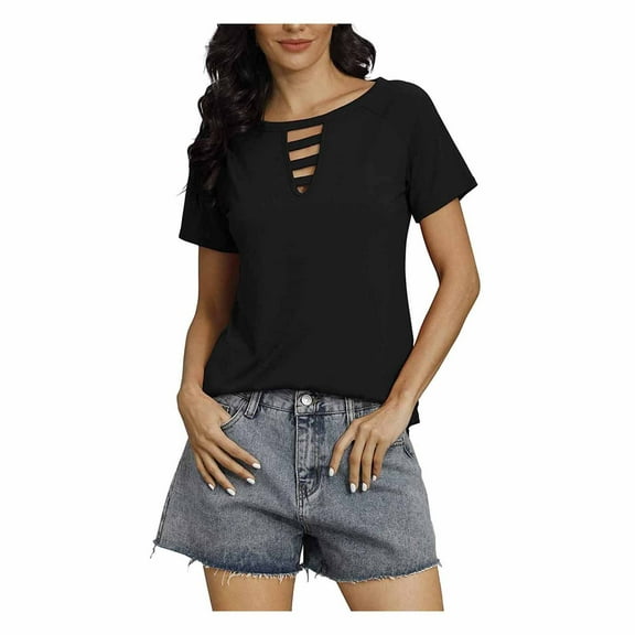 Mittory Womens Summer Deep V Neck Tops Sexy Casual Short Sleeve Low Cut Out T Shirts Blouse