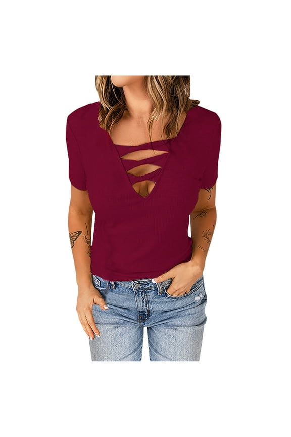 Womens Summer Deep V Neck Tops Sexy Casual Short Sleeve Low Cut Out T Shirts Blouse