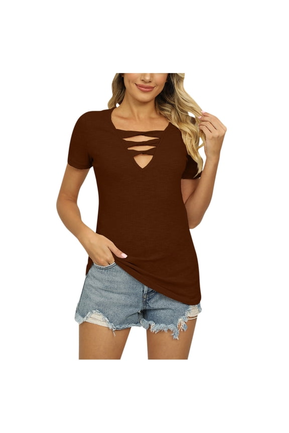 Womens Summer Deep V Neck Tops Sexy Casual Short Sleeve Low Cut Out T Shirts Blouse