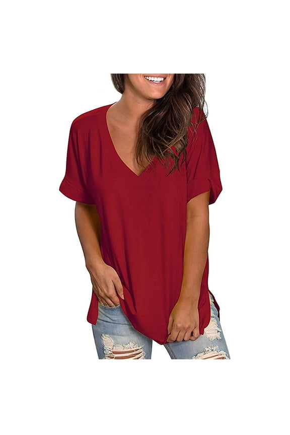 Womens Summer Dolman Sleeve V Neck Casual Tops Tshirts Solid Color Blouse