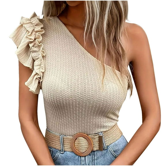 Mittory Womens Summer One Shoulder Tops Trendy Short Sleeve Knitted Shirts Going Out Slim Camis Tunics