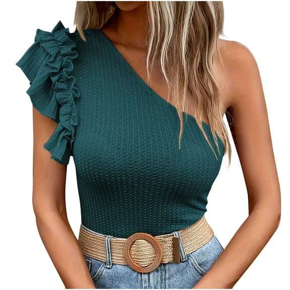 Mittory Womens Summer One Shoulder Tops Trendy Short Sleeve Knitted Shirts Going Out Slim Camis Tunics
