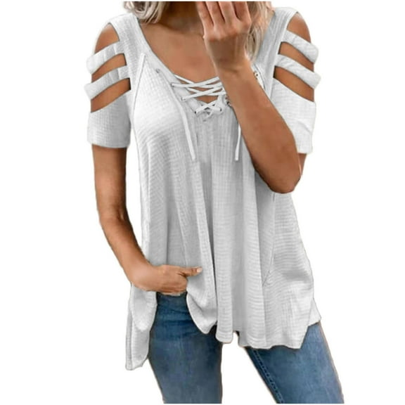 Mittory Womens Summer Shirts V Neck Criss Cross Cold Shoulder Tops Cut Out Short Sleeve Blouse