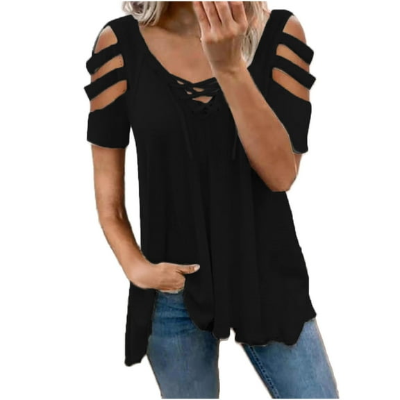 Mittory Womens Summer Shirts V Neck Criss Cross Cold Shoulder Tops Cut Out Short Sleeve Blouse