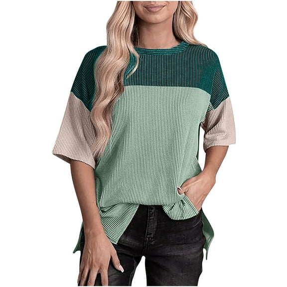 Mittory Womens Summer Short Sleeve Crewneck Shirts Tops Color Block Lightweight Tee Shirt Top