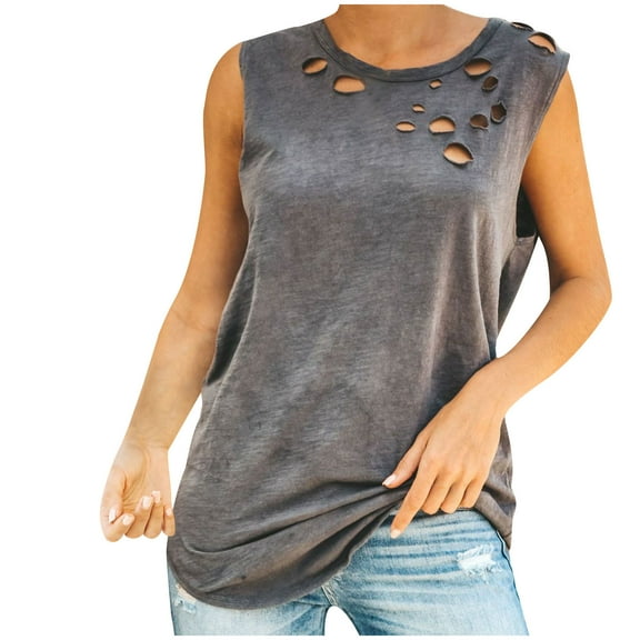 Mittory Womens Summer Tank Tops Ripped Cut Out Tees Casual Sleeveless T Shirts