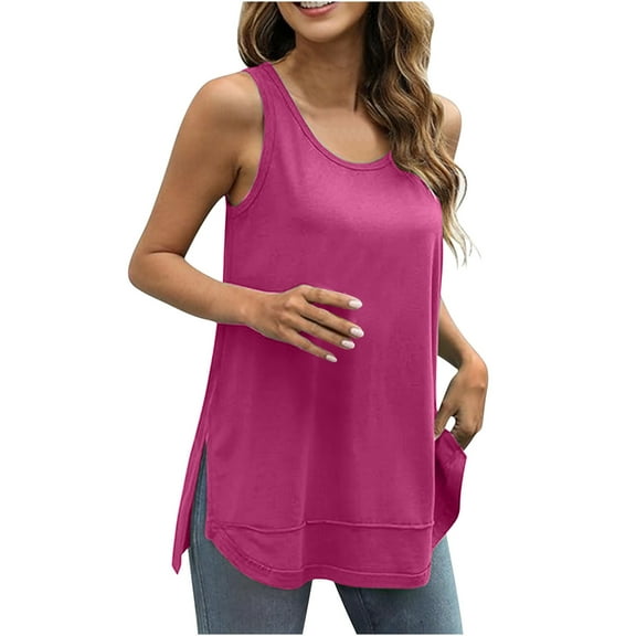 Mittory Womens Summer Tank Tops Sleeveless Round Neck Casual Curved Side Hem Tops Loose Fit