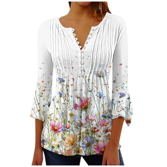 Mittory Womens Summer Tops 3/4 Sleeve V Neck Floral Print Cotton Tunic Tops Trendy Flowy Tunic Tops