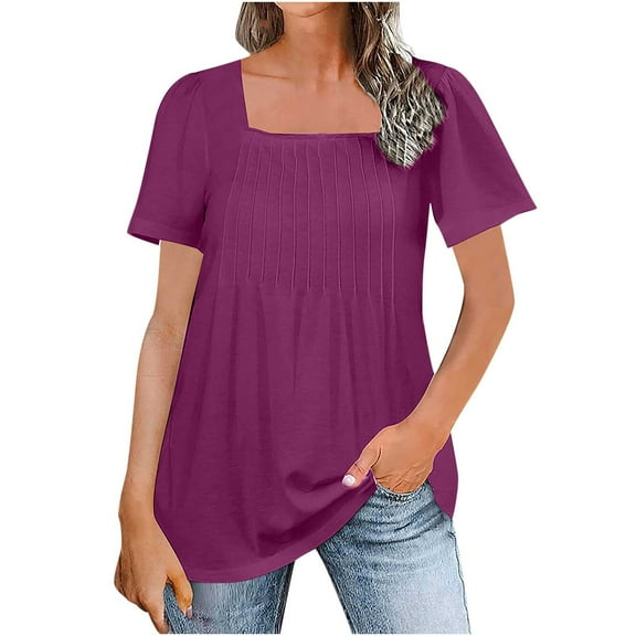 Mittory Womens Summer Tops Casual Puff Short Sleeve T Shirts Solid Pleated Tunics Square Neck Work Blouse
