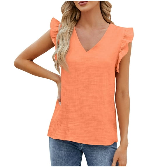 Mittory Womens Summer Tops Casual Trendy V Neck Ruffle Cap Sleeve Blouse T Shirts Solid Color Tunic Tops