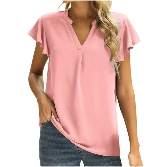 Mittory Womens Summer Tops Casual V Neck Ruffle Cap Sleeve Blouse Shirts Solid Color Tunic Tops