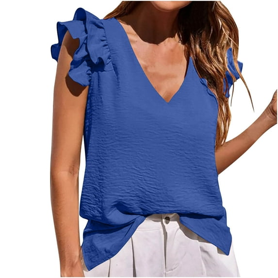 Mittory Womens Summer Tops Casual V Neck Ruffle Cap Sleeve Blouse Shirts Solid Color Tunic Tops