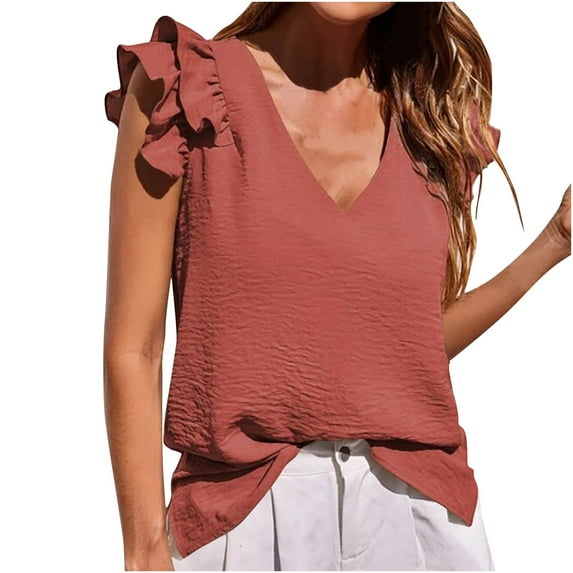 Mittory Womens Summer Tops Casual V Neck Ruffle Cap Sleeve Blouse Shirts Solid Color Tunic Tops