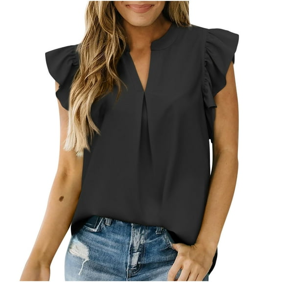 Mittory Womens Summer Tops Casual V Neck Ruffle Cap Sleeve Shirts Solid Color Dressy Chiffon Blouses